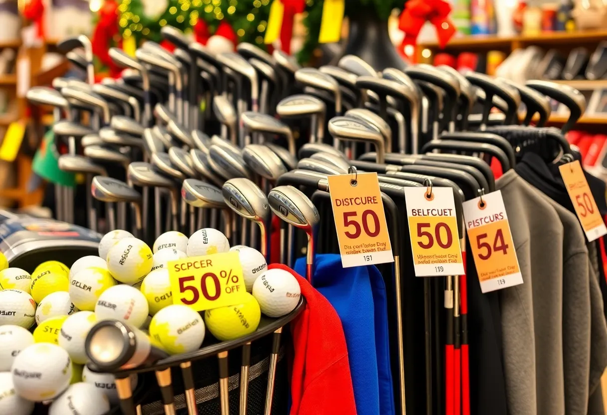 Display of golf clubs and equipment on sale for Black Friday