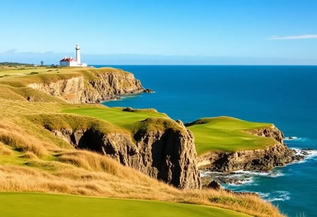 Scenic view of Cape Wickham Golf Course with the Bass Strait in the background.