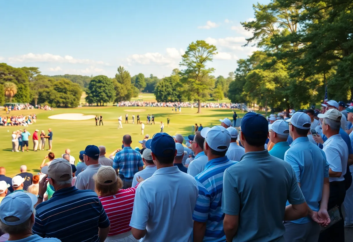 A lively golf tournament scene with fans and players enjoying the event.