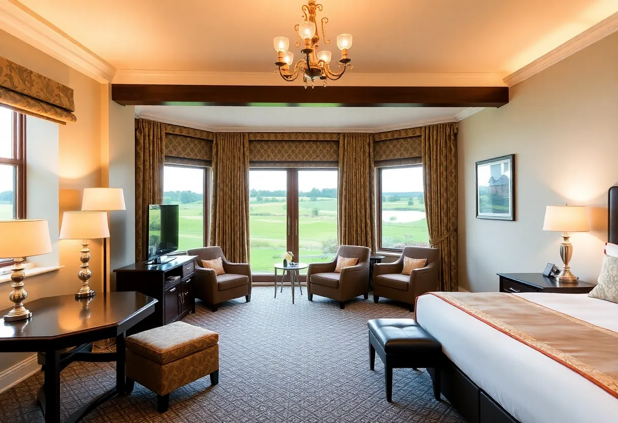 Interior of a luxury hotel room at Carden Park, Cheshire