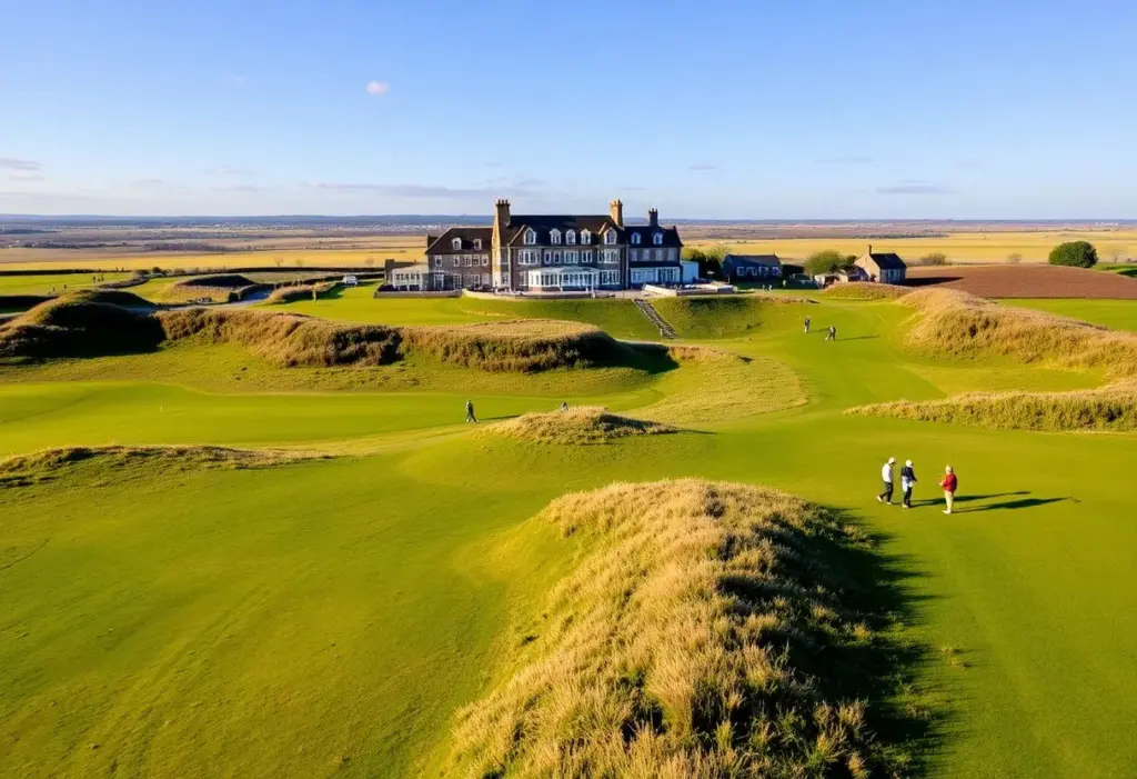 Aerial view of Carnoustie Golf Links showcasing its landscape and fairways.