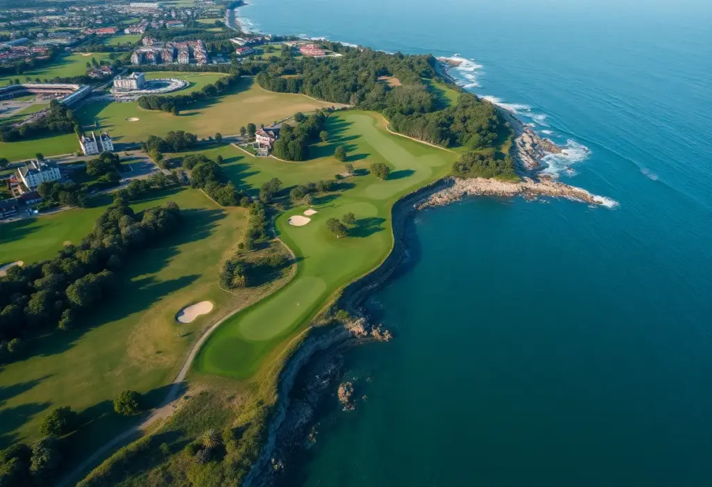 Aerial view of Carnoustie Golf Links showcasing the golf course's beauty.
