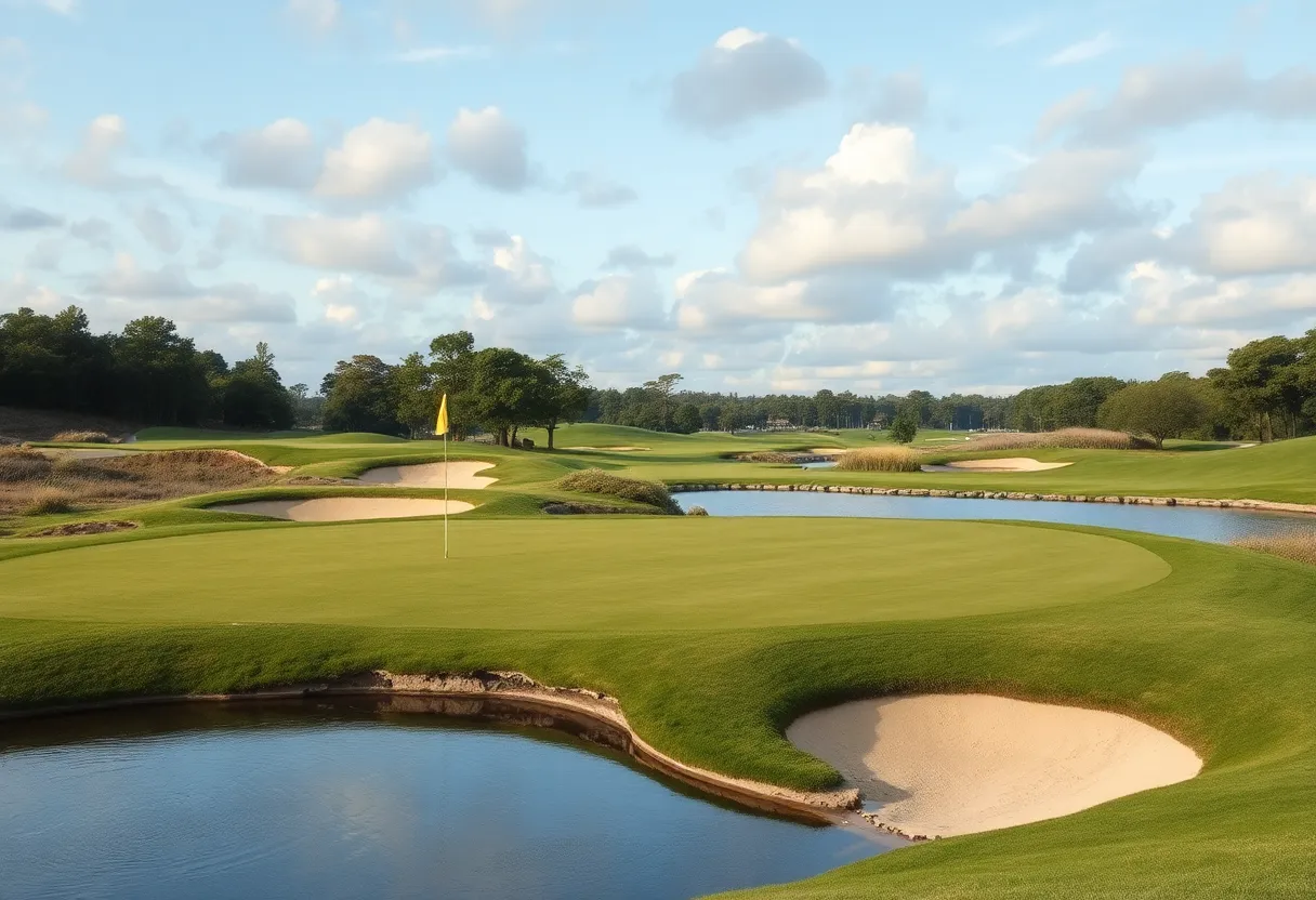 Difficult golf hole with sand traps and water hazards