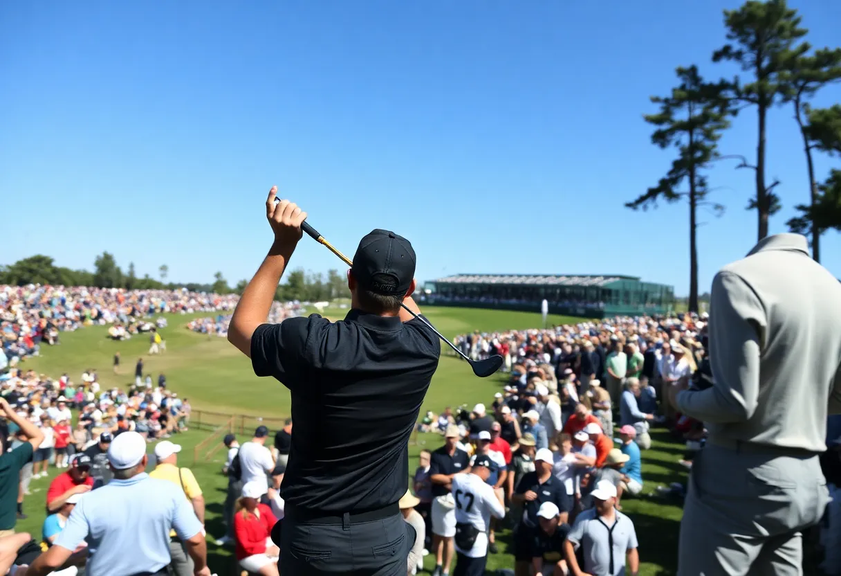 A vibrant golfing scene during a championship with spectators enjoying the event.