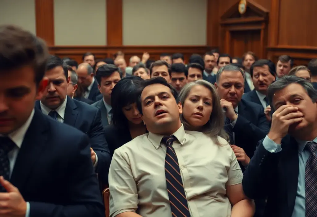 Courtroom scene during a dramatic trial