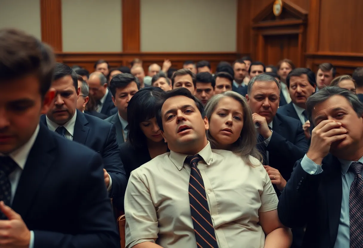 Courtroom scene during a dramatic trial