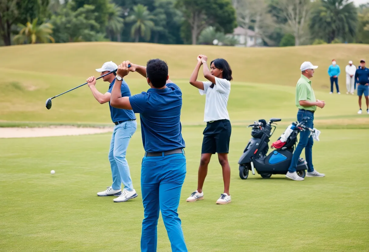 A group of golfers of various backgrounds practicing together at a golf course.