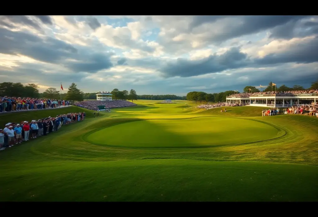 Spectators watching a golf playoff at a lush green golf course.