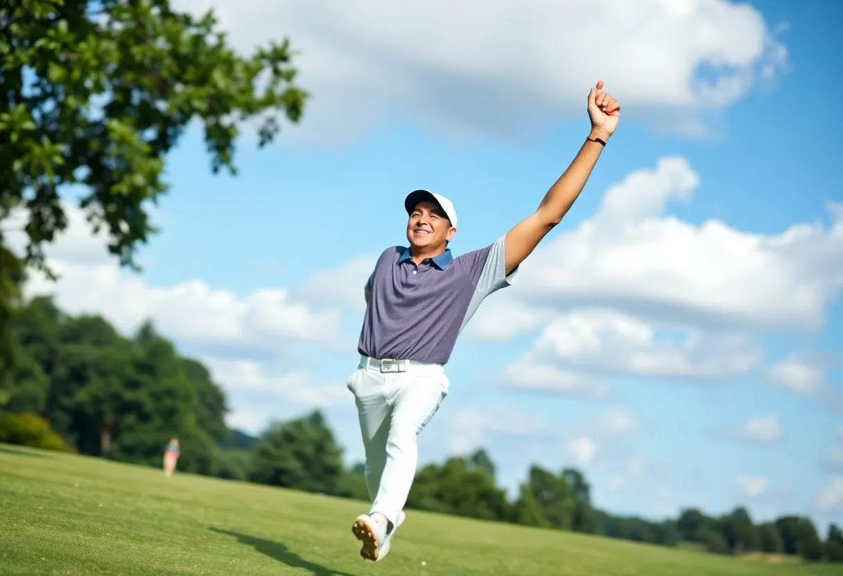 Golfer celebrating on the course after a successful performance