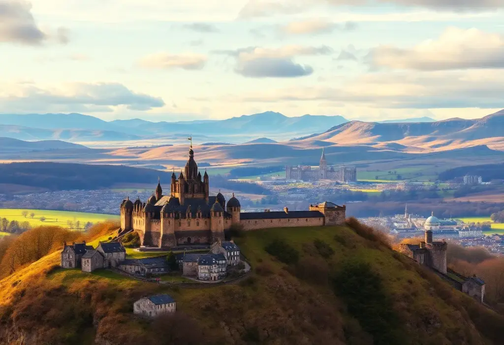 A panoramic view of Edinburgh Castle with rolling hills in the background.