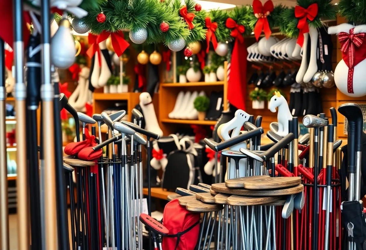 Holiday golf display featuring equipment and decorations