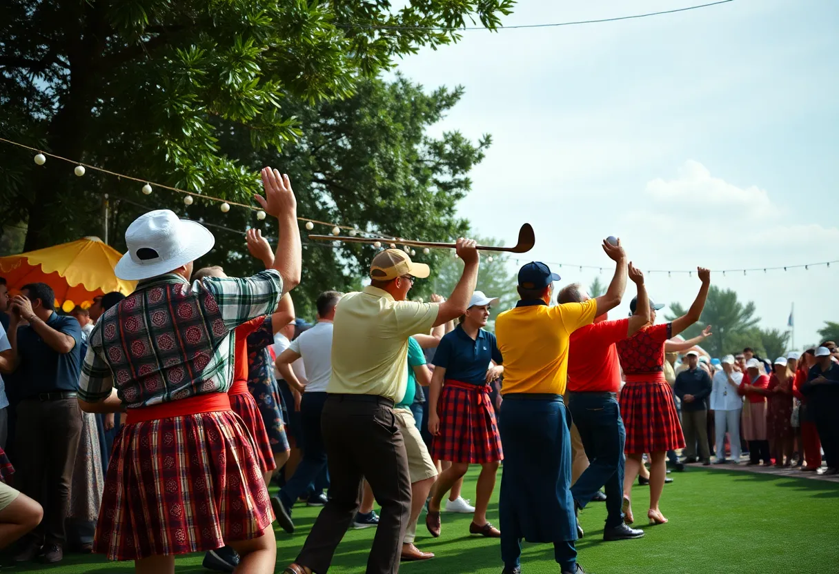 Crowd celebrating Gary Player's 90th birthday with traditional dances and festivities.
