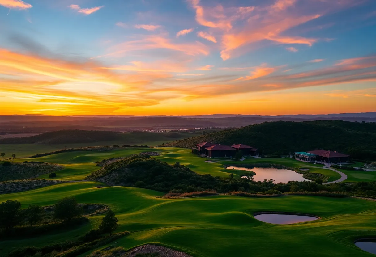 A panoramic view of Glynlea County Club golf course with lush green fairways and water hazards.