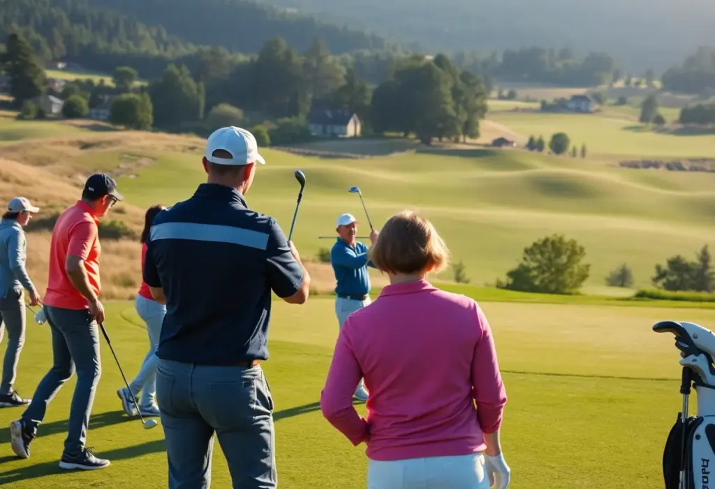 Golfers engage in a dynamic coaching session at a beautiful golf course