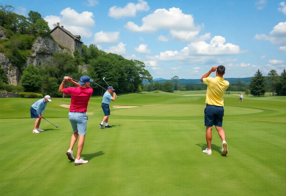 A scenic golf course with players practicing their swings.