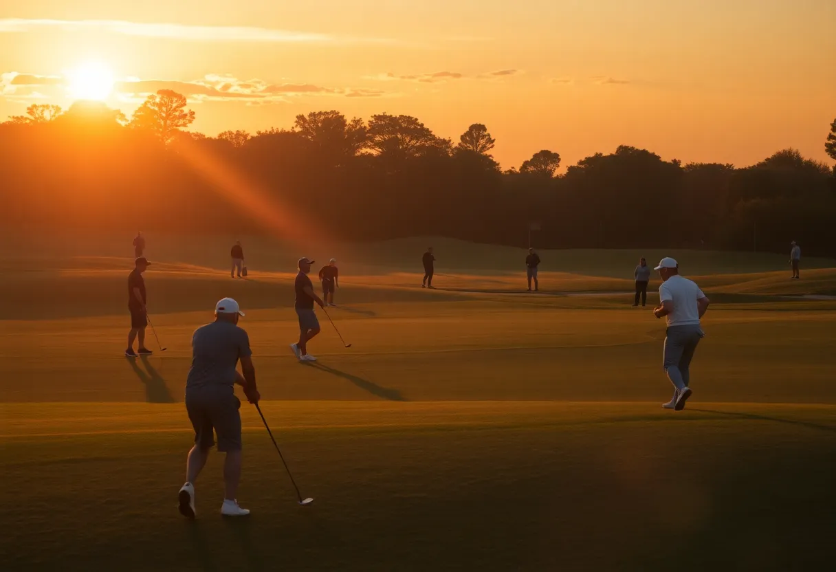 Golfers playing on a golf course in the evening sunlight