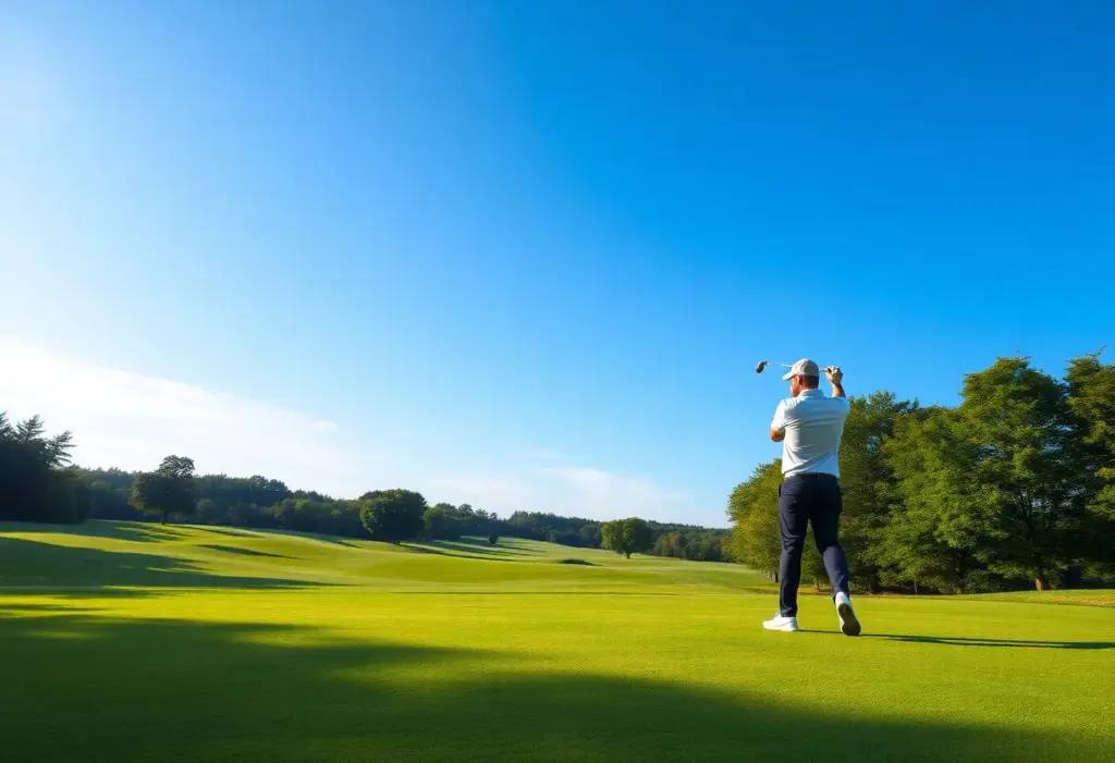 Scenic view of a golf course with a golfer on the fairway.