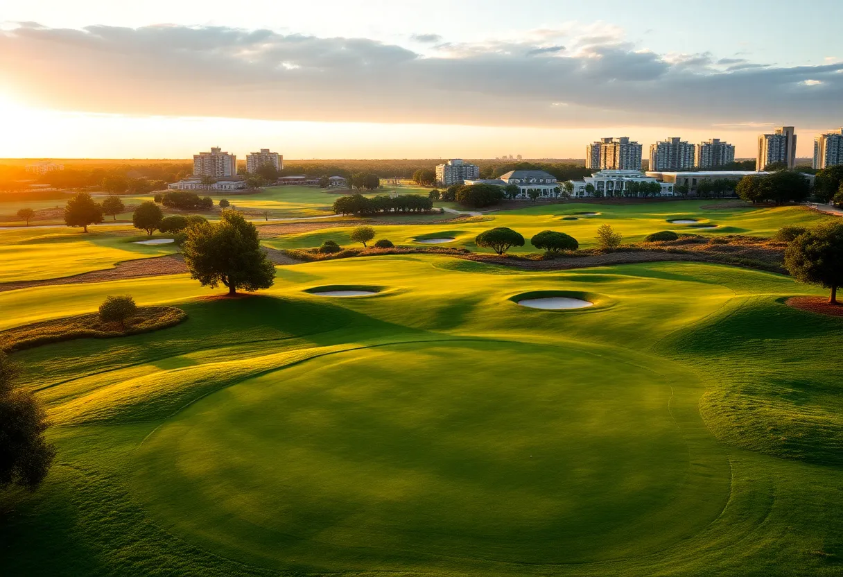A scenic view of a diverse golf course with lush green fairways.