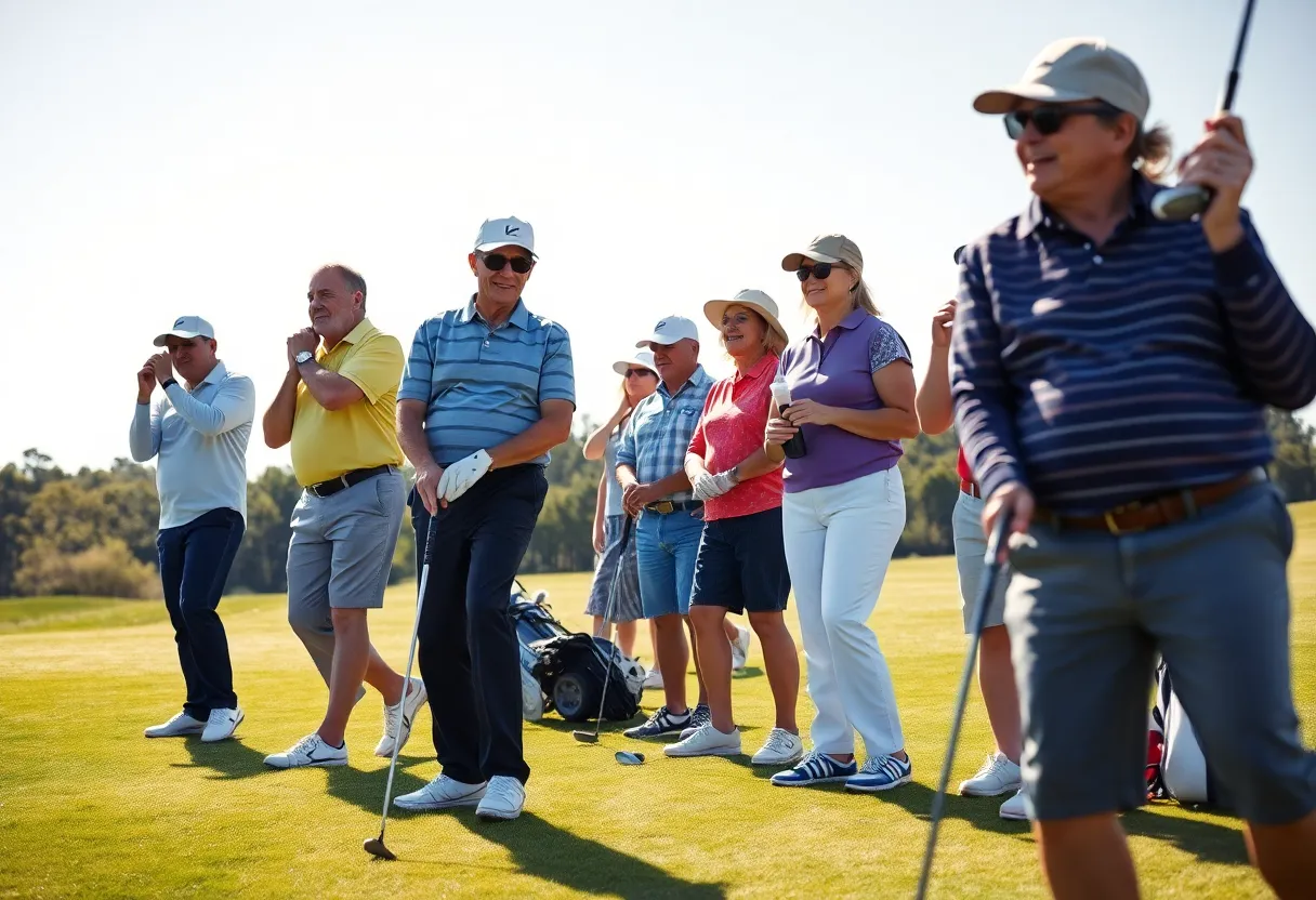 Diverse golfers on a beautiful golf course with various equipment