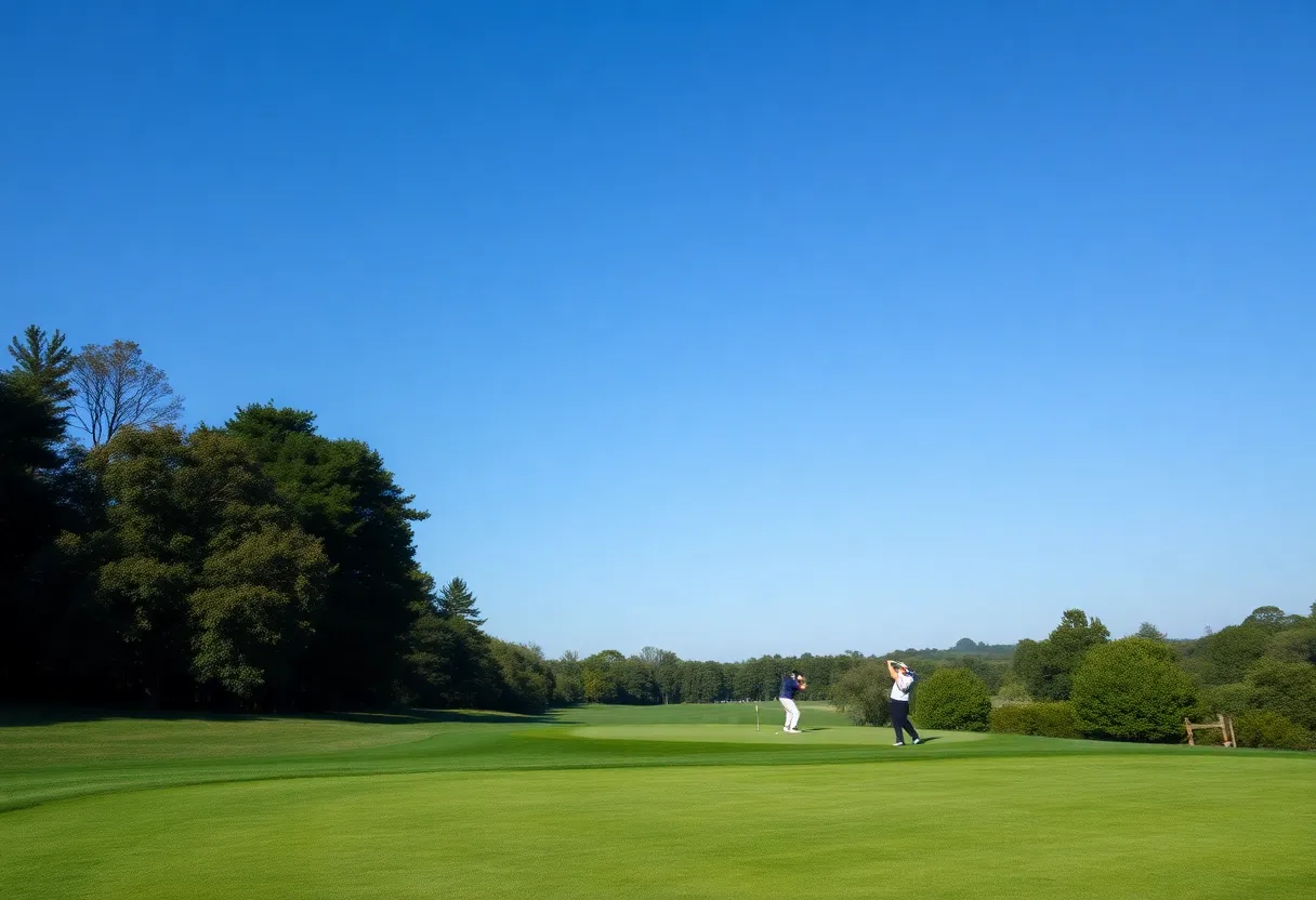 Lush green golf course during a sunny day with golfers practicing.