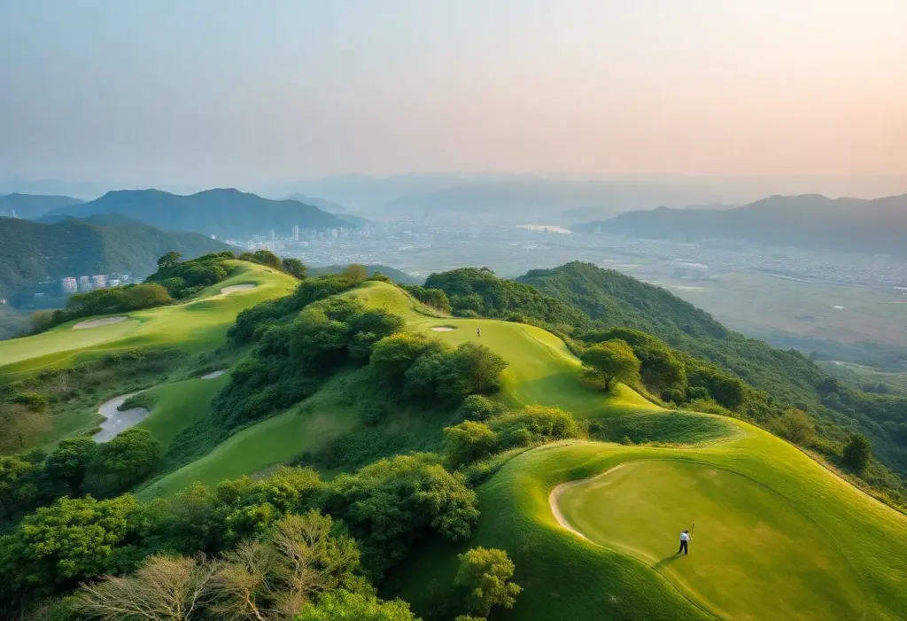 A panoramic view of a lush golf course in South Korea with golfers in action.