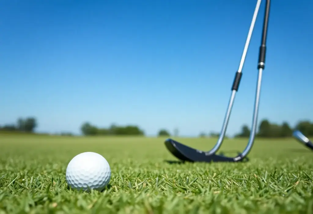 A pristine golf course with clubs and golf balls, symbolizing sportsmanship.