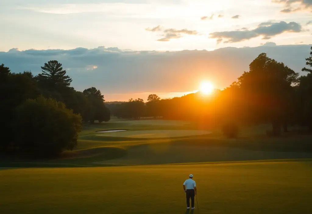 Scenic view of a golf course at sunrise, symbolizing determination in sports.