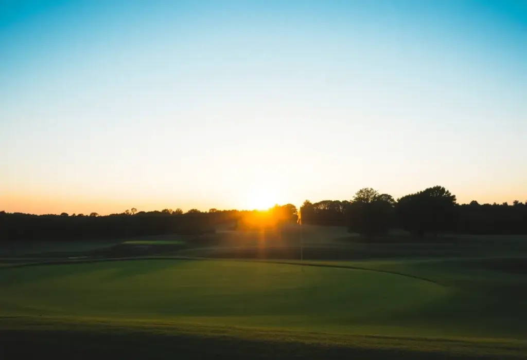 A picturesque golf course captured during sunset, showcasing lush greens and scenic beauty.