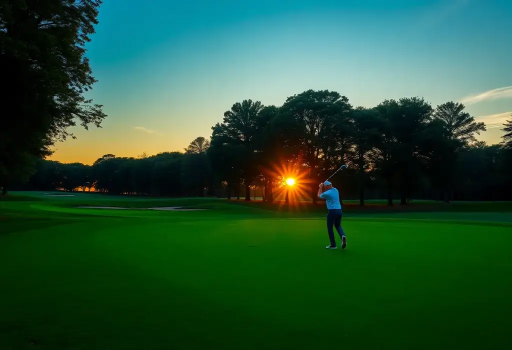 A beautiful golf course at sunset with a golfer practicing