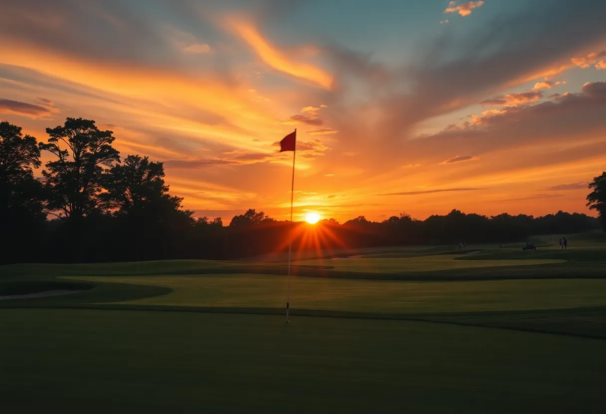 Sunset view of a competitive golf course, capturing the essence of sportsmanship.