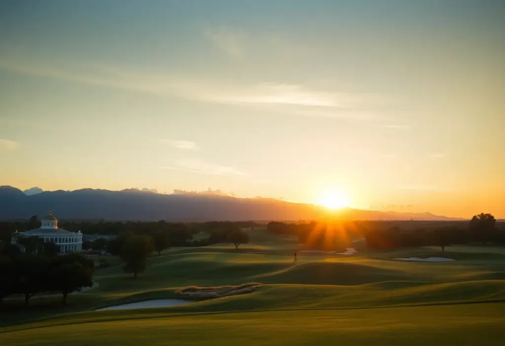 A stunning sunset view over a renowned golf course with players in action.