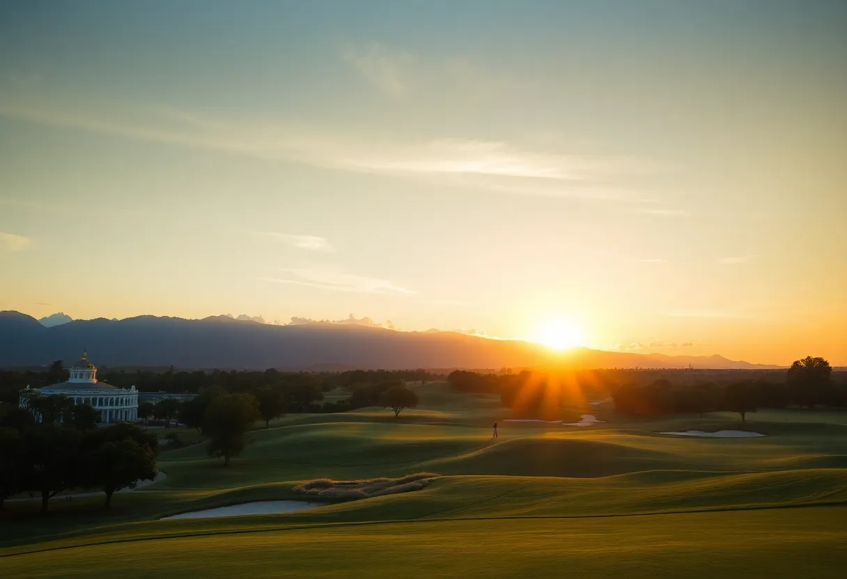 A stunning sunset view over a renowned golf course with players in action.