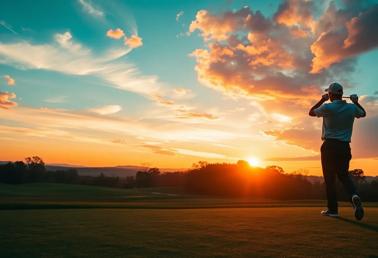 Golf course landscape with a silhouette of a golfer at sunset