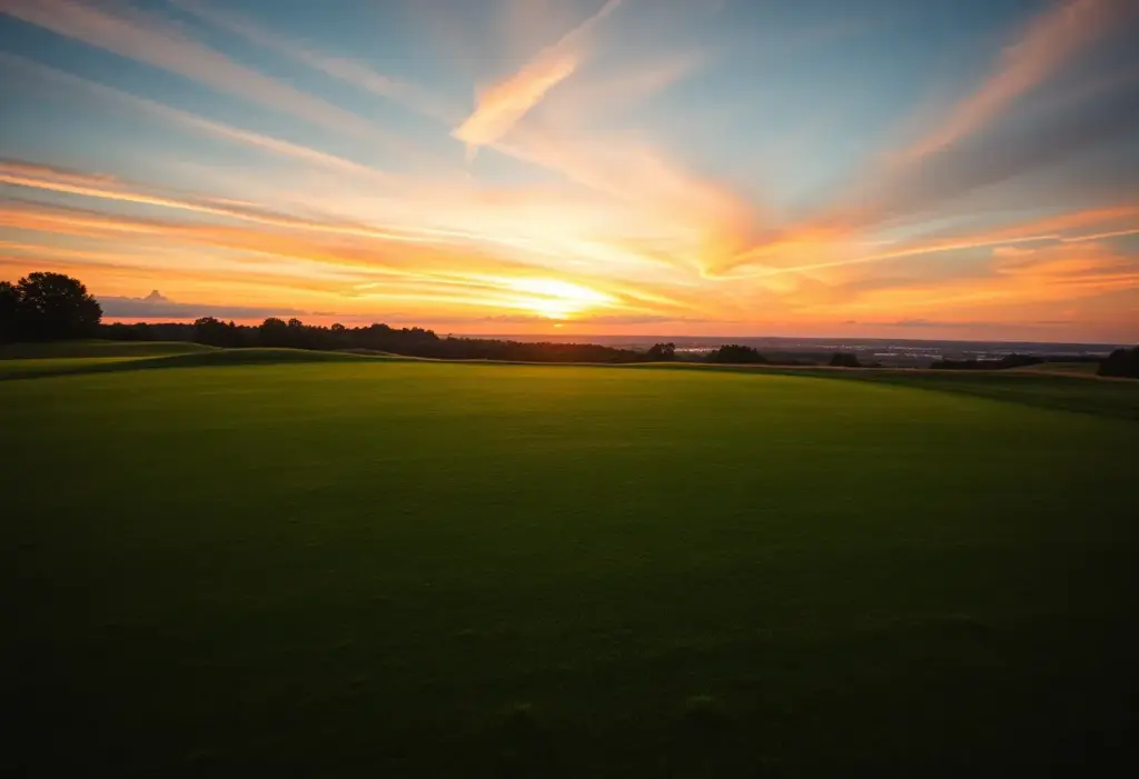 Scenic view of a golf course during sunset people playing golf