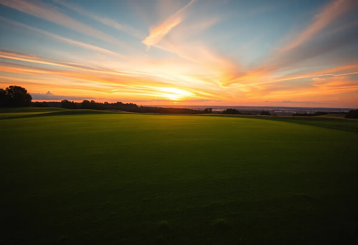 Scenic view of a golf course during sunset people playing golf