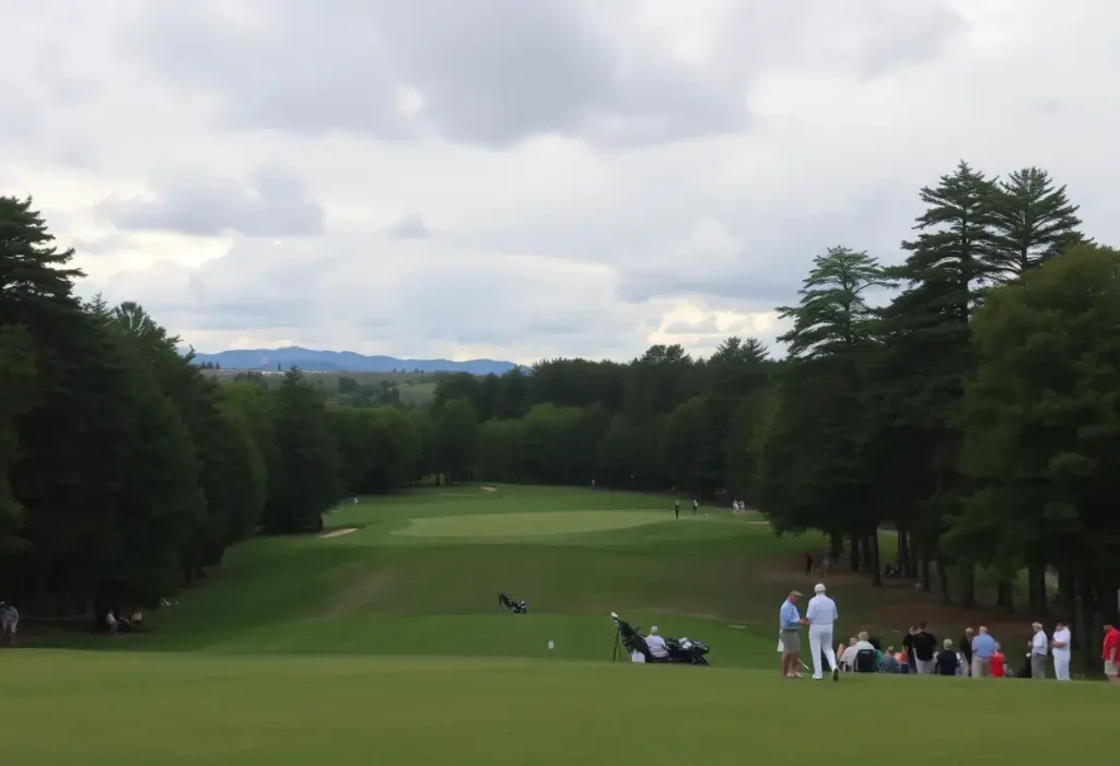 A view of a golf course with players during a tournament