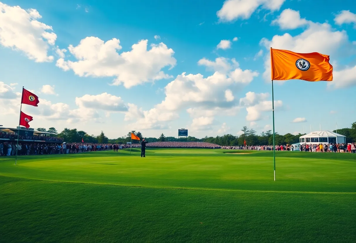 A scenic view of a golf course during a tournament.
