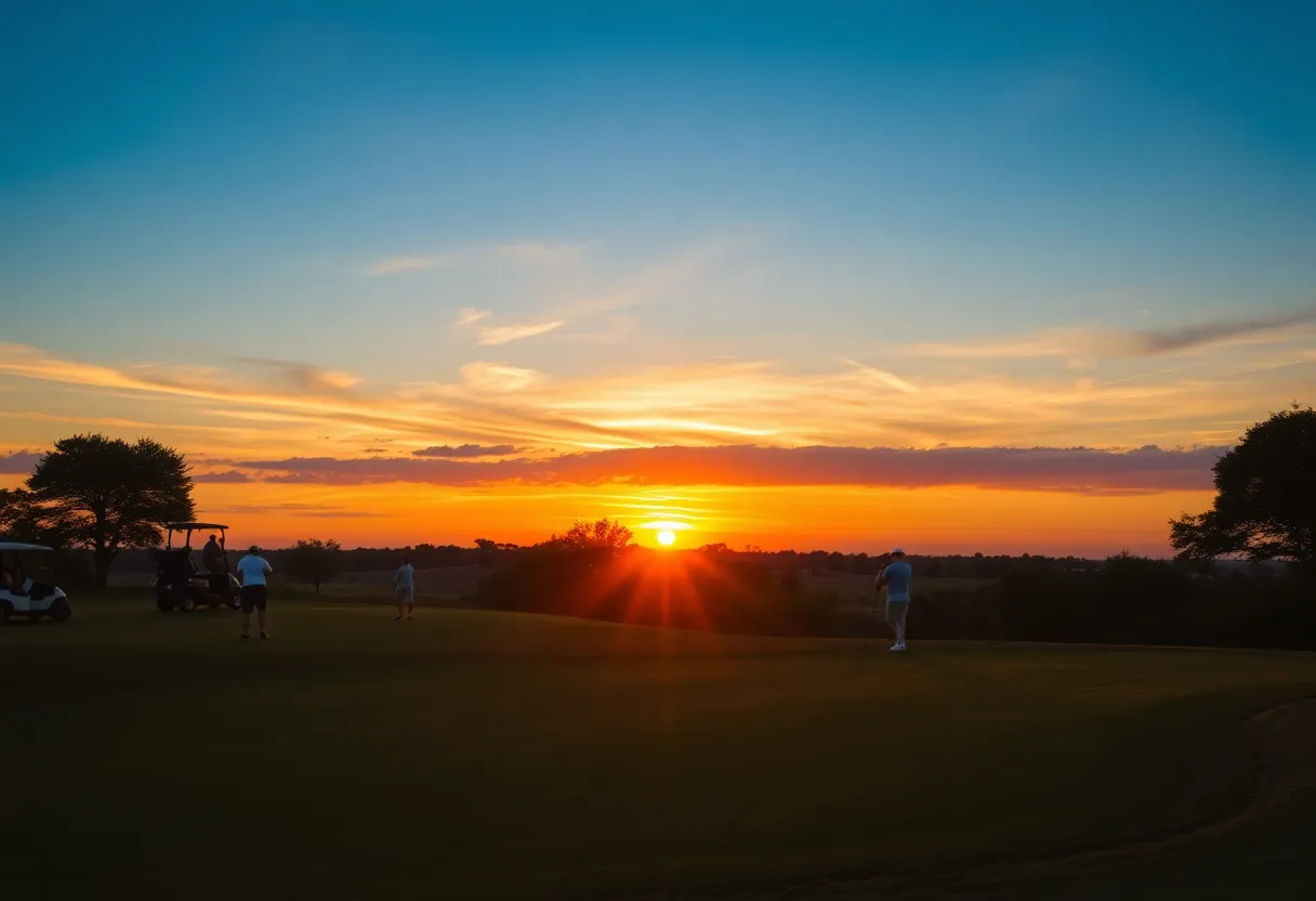 A picturesque golf course at sunset with players on the fairway.