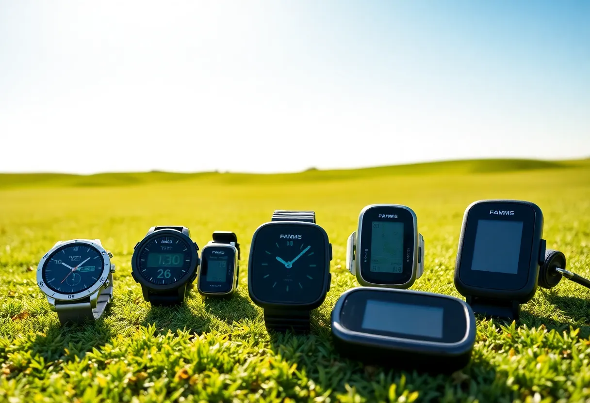 Collection of golf GPS devices on a golf course