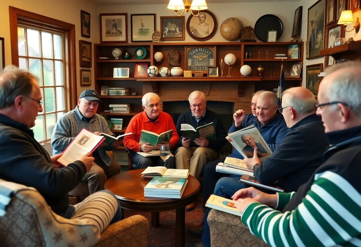 Golf enthusiasts sharing stories in a cozy environment.