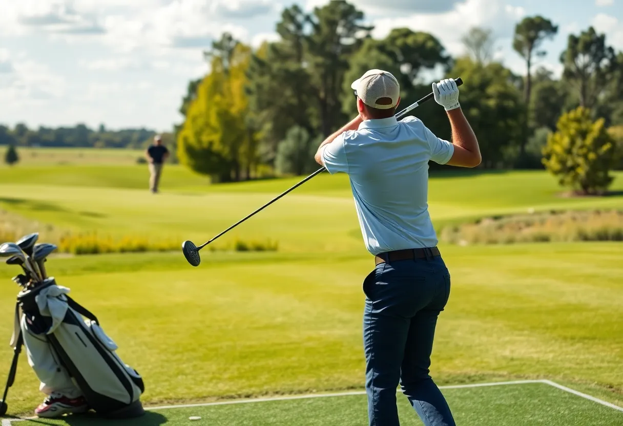 A golfer practicing on a driving range