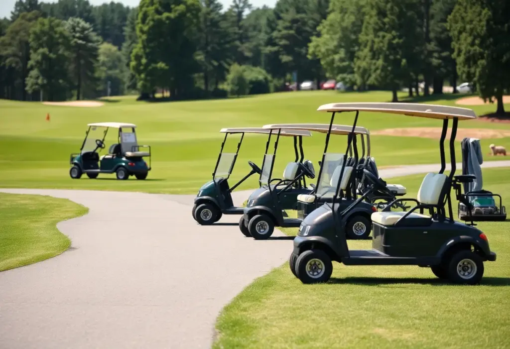 Various models of golf push carts on a golf course