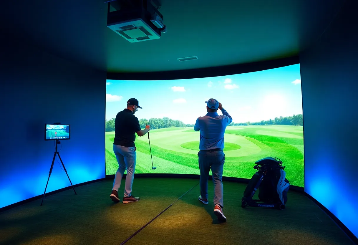 Golfers using advanced technology in a golf simulator