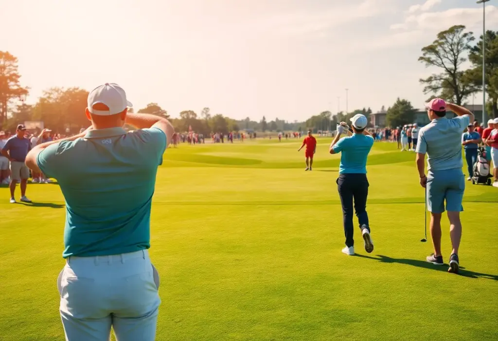 Golfers competing at a tournament under a clear blue sky