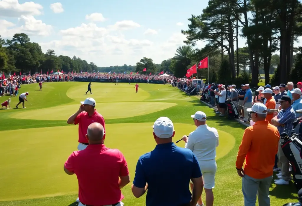 Golfers competing on a bright day at a major tournament