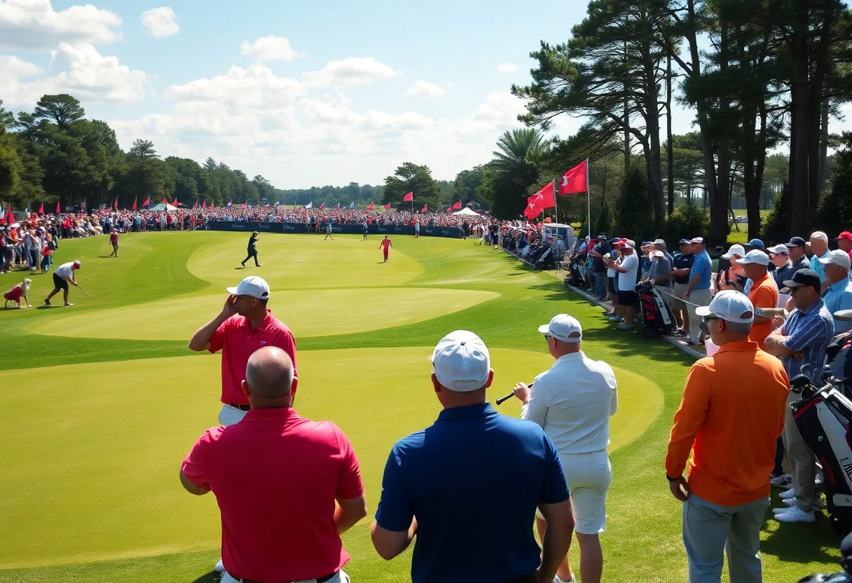 Golfers competing on a bright day at a major tournament