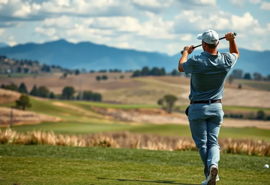 A golfer swinging on a well-manicured course during a tournament.