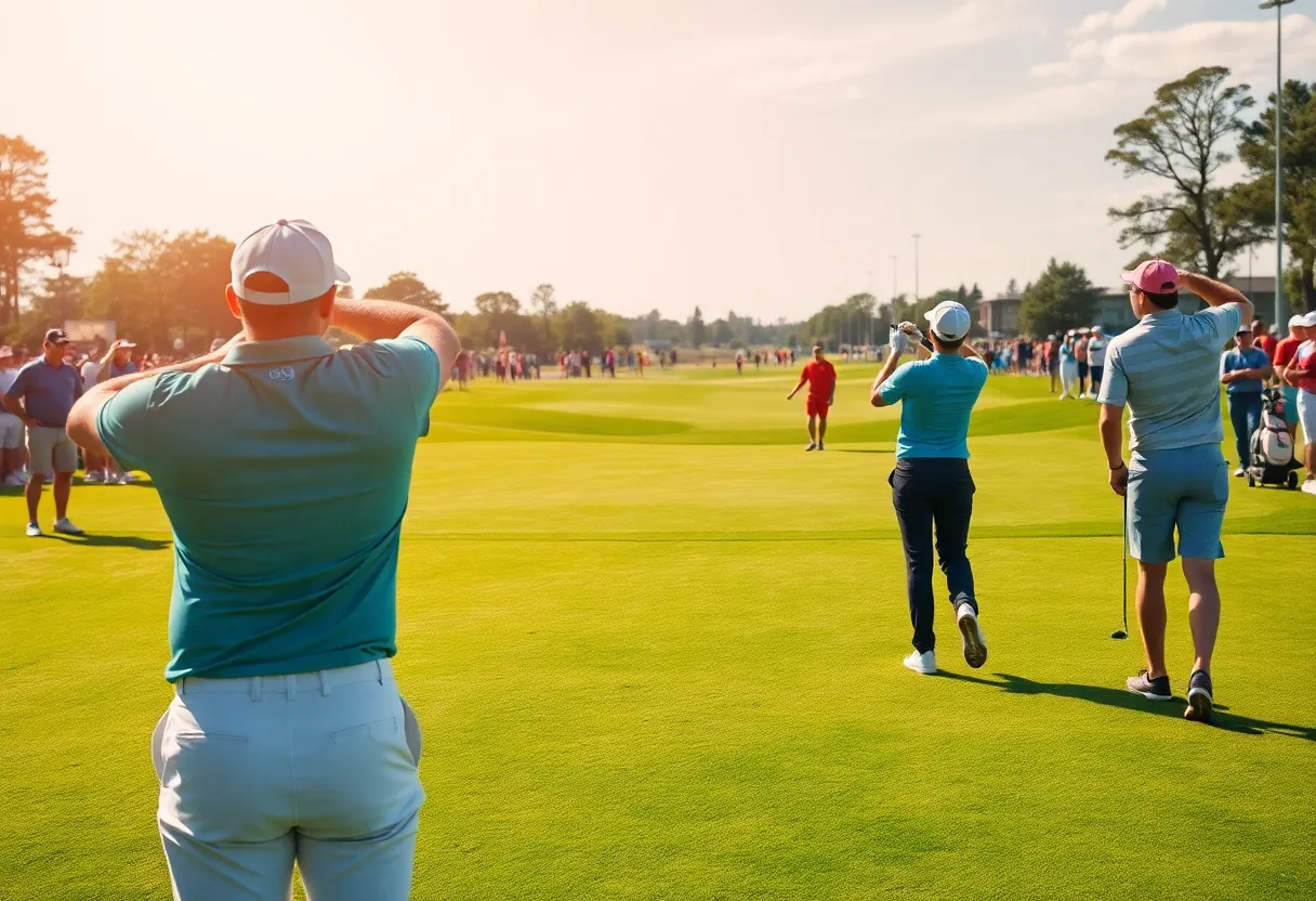 Golfers competing at a tournament under a clear blue sky