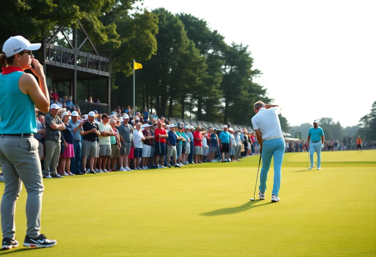 Scene from a golf tournament with players on the green