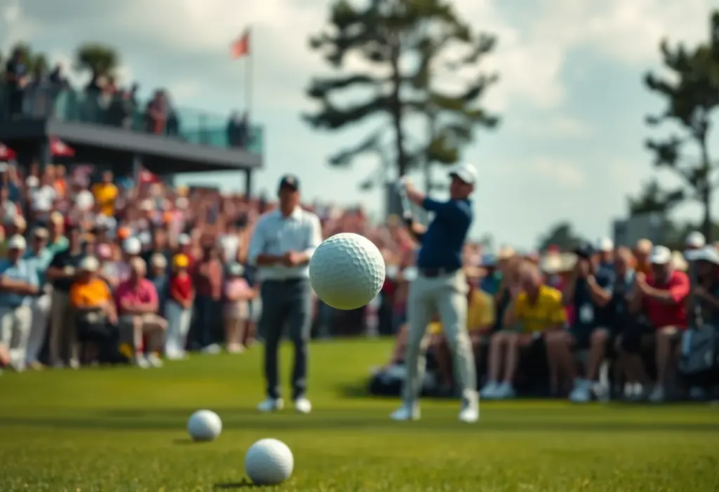 Players in action during a golf tournament showcasing beautiful swings and crowd excitement.